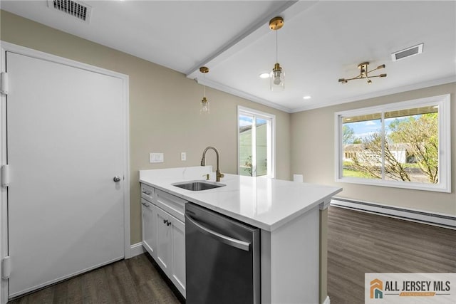265 Crosse Dr Unit 265A, Monroe, NJ 08831 - kitchen featuring stainless steel dishwasher, a sink, a peninsula, dark wood-type flooring, and a baseboard radiator