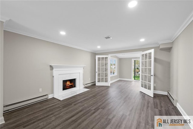 265 Crosse Dr Unit 265A, Monroe, NJ 08831 - unfurnished living room with a baseboard radiator, french doors, dark wood finished floors, crown molding, and recessed lighting