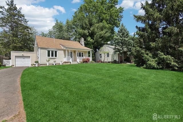 54 Morningside Rd, Colonia, NJ 07067 - ranch-style house with a porch, a front yard, driveway, a chimney, and a garage