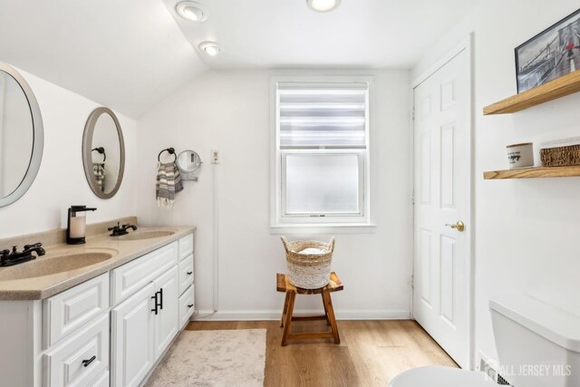 54 Morningside Rd, Colonia, NJ 07067 - bathroom with wood finished floors, double vanity, lofted ceiling, and toilet