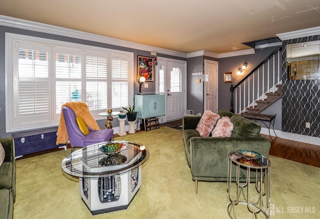 living room featuring crown molding, stairs, baseboards, and wood finished floors