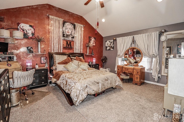 carpeted bedroom featuring recessed lighting, baseboards, lofted ceiling, and a ceiling fan