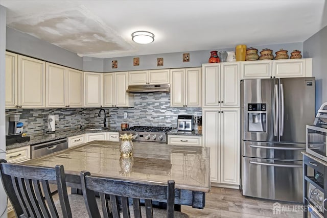 40 Forest Garden Dr, Old Bridge, NJ 07747 - kitchen featuring stainless steel appliances, a sink, under cabinet range hood, dark stone countertops, and light wood-style floors