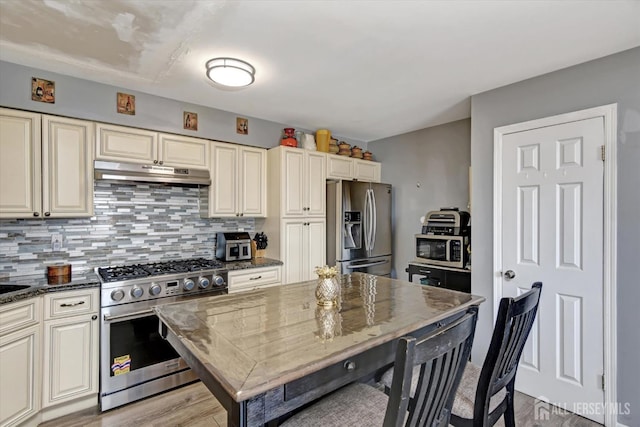 40 Forest Garden Dr, Old Bridge, NJ 07747 - kitchen with appliances with stainless steel finishes, under cabinet range hood, cream cabinetry, backsplash, and light wood-style floors