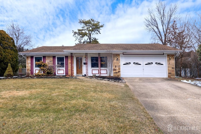 ranch-style home with a garage, concrete driveway, a shingled roof, and a front lawn