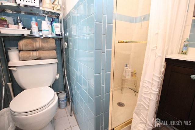 54 Highview Dr, Woodbridge Proper, NJ 07095 - bathroom featuring a shower stall, tile walls, vanity, and tile patterned floors