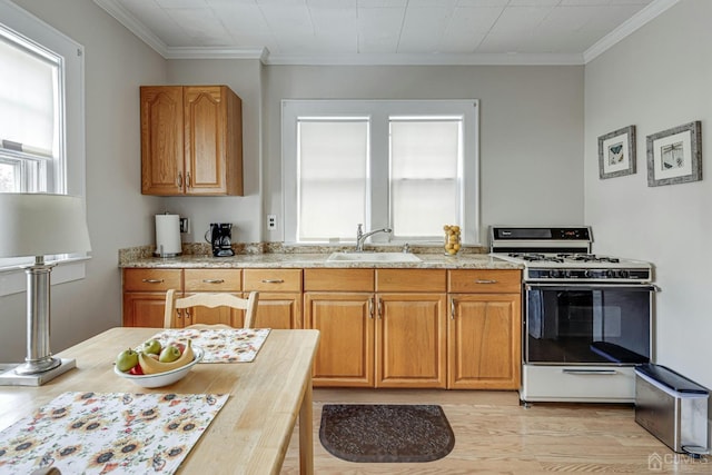 kitchen featuring ornamental molding, gas range gas stove, a wealth of natural light, and a sink