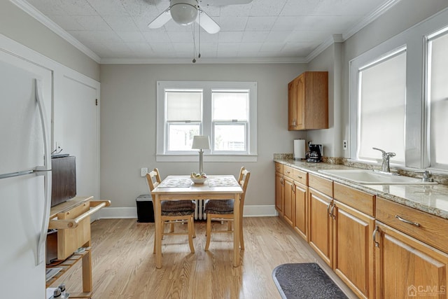 kitchen featuring a sink, light stone counters, freestanding refrigerator, light wood-style floors, and baseboards