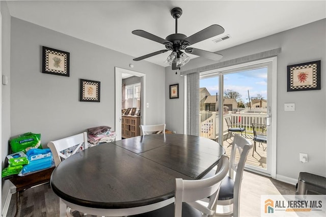 dining space with visible vents, light wood-style flooring, baseboards, and ceiling fan