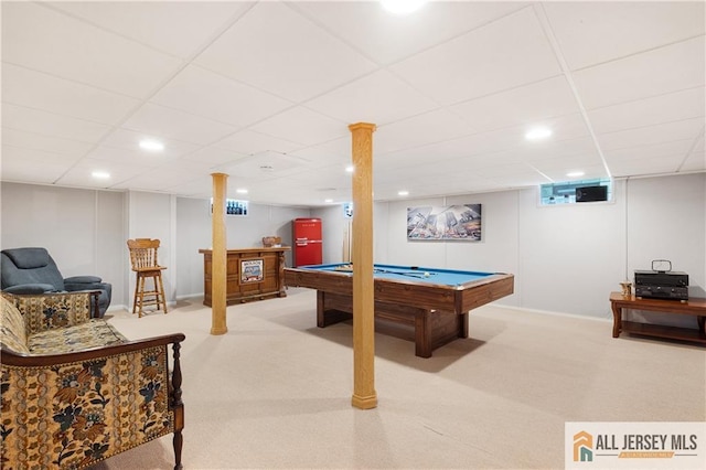 235 Brook Ave, North Plainfield, NJ 07060 - recreation room featuring carpet flooring, pool table, recessed lighting, and a paneled ceiling