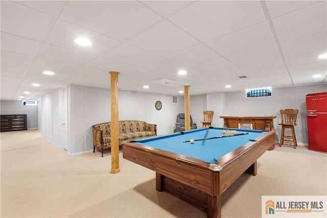 235 Brook Ave, North Plainfield, NJ 07060 - recreation room with carpet, a dry bar, billiards, recessed lighting, and a paneled ceiling
