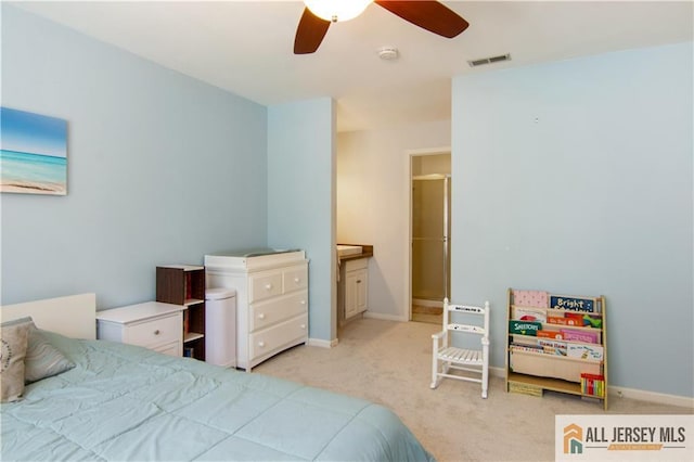bedroom with light colored carpet, ceiling fan, baseboards, and visible vents