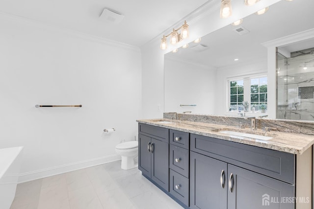 40 Cambridge Rd, Edison, NJ 08817 - bathroom featuring ornamental molding, marble look tile flooring, a marble finish shower, double vanity, and toilet