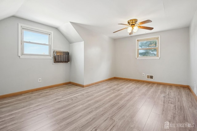 bonus room featuring visible vents, baseboards, a healthy amount of sunlight, and light wood-style flooring