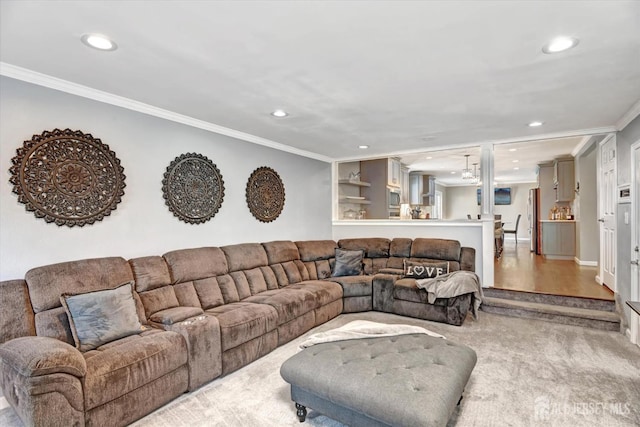 carpeted living room with crown molding