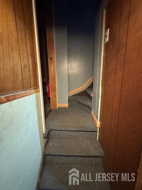 17 Grant St, Dover, NJ 07801 - staircase with wooden walls and carpet floors