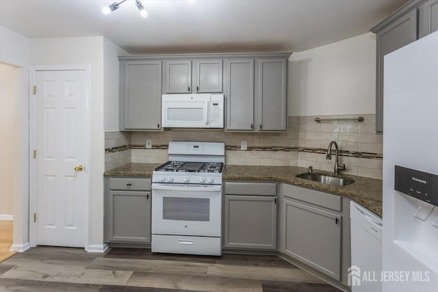 3 Rozalyn Ln, Old Bridge, NJ 08879 - kitchen with white appliances, gray cabinets, dark wood-style flooring, and backsplash
