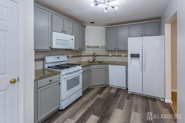3 Rozalyn Ln, Old Bridge, NJ 08879 - kitchen with white appliances, gray cabinetry, dark wood finished floors, and backsplash