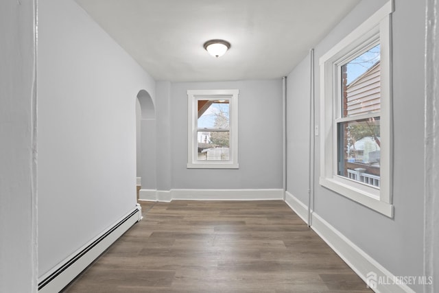 empty room featuring dark hardwood / wood-style flooring and a baseboard radiator