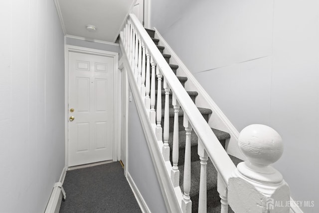 stairway with carpet floors and crown molding