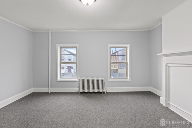 carpeted empty room featuring radiator, crown molding, and a healthy amount of sunlight