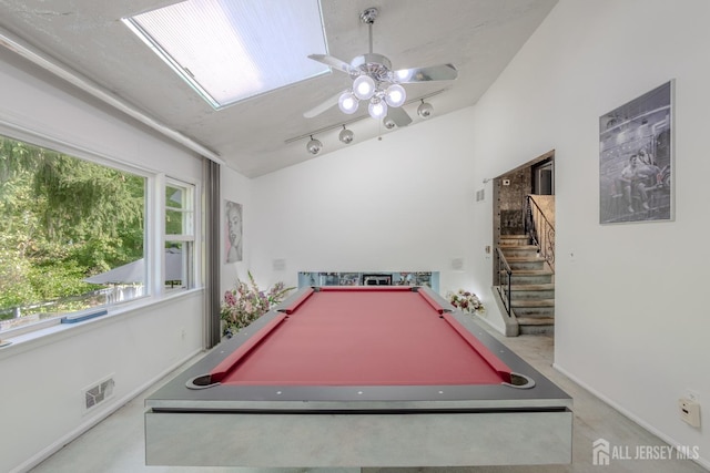 recreation room featuring billiards, ceiling fan, track lighting, and baseboards