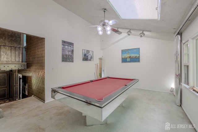 playroom with carpet floors, lofted ceiling, a ceiling fan, pool table, and baseboards