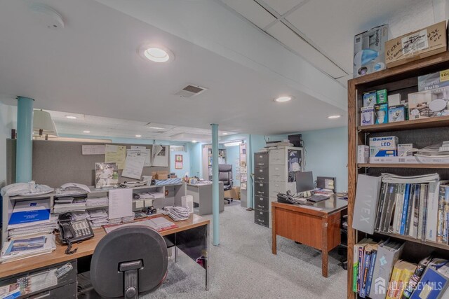 office featuring carpet and recessed lighting