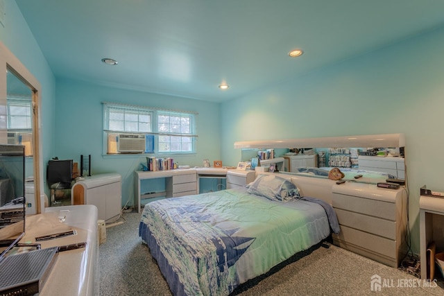 carpeted bedroom with recessed lighting and cooling unit