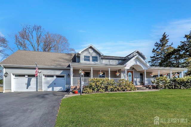 view of front of property with a front lawn, aphalt driveway, a porch, a shingled roof, and a garage