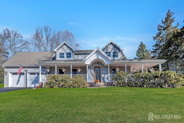 view of front facade featuring aphalt driveway, a garage, covered porch, and a front yard