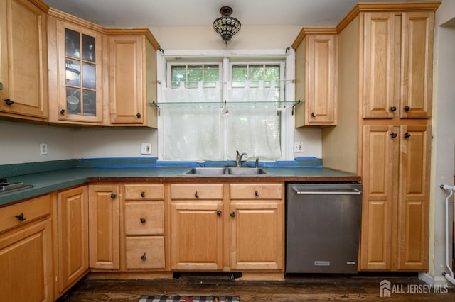 570 Main St, Metuchen, NJ 08840 - kitchen with dishwasher, glass insert cabinets, dark countertops, and dark wood-style floors