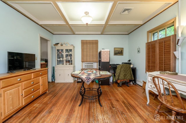 570 Main St, Metuchen, NJ 08840 - dining area with a baseboard heating unit, coffered ceiling, hardwood / wood-style floors, and cooling unit