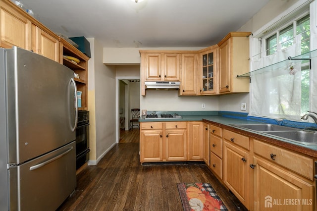 570 Main St, Metuchen, NJ 08840 - kitchen featuring freestanding refrigerator, under cabinet range hood, gas stovetop, dark wood finished floors, and glass insert cabinets