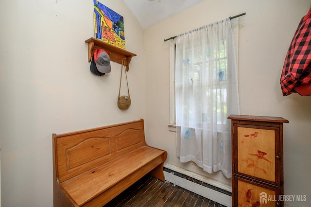 570 Main St, Metuchen, NJ 08840 - living area featuring a baseboard heating unit and vaulted ceiling