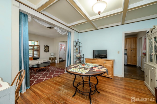 570 Main St, Metuchen, NJ 08840 - living room featuring coffered ceiling, wood finished floors, and beam ceiling