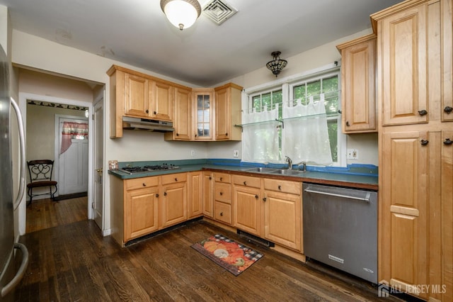 570 Main St, Metuchen, NJ 08840 - kitchen featuring stainless steel dishwasher, under cabinet range hood, dark wood-style flooring, dark countertops, and light brown cabinets