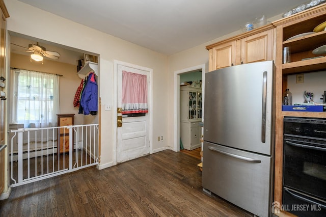 570 Main St, Metuchen, NJ 08840 - kitchen featuring freestanding refrigerator, oven, a warming drawer, light brown cabinets, and open shelves