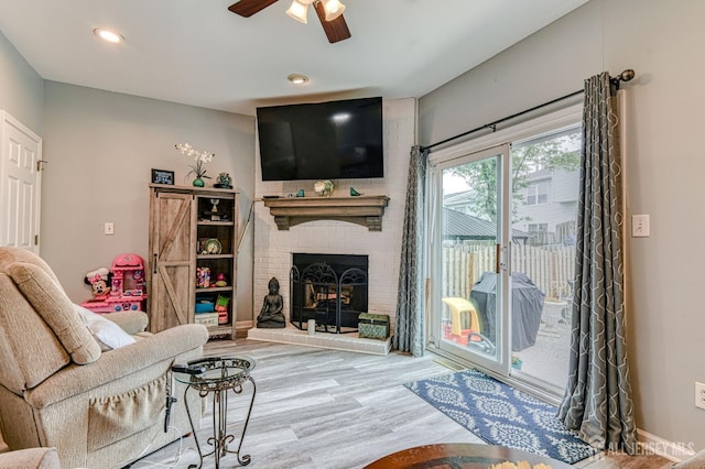 16 Jeanette Ct Unit 293, Jamesburg, NJ 08831 - living area featuring wood finished floors, ceiling fan, a brick fireplace, and recessed lighting