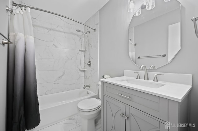 70 Lexington Cir, Old Bridge, NJ 07747 - bathroom featuring marble look tiles, shower / tub combo with curtain, and vanity