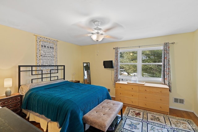 bedroom with ceiling fan and wood-type flooring