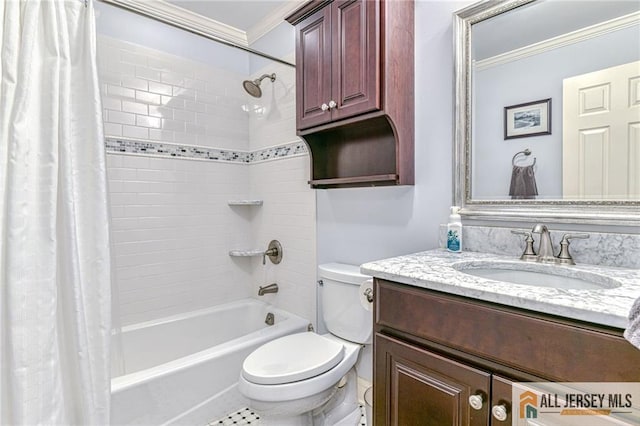 bathroom with shower / bath combination with curtain, toilet, vanity, and ornamental molding