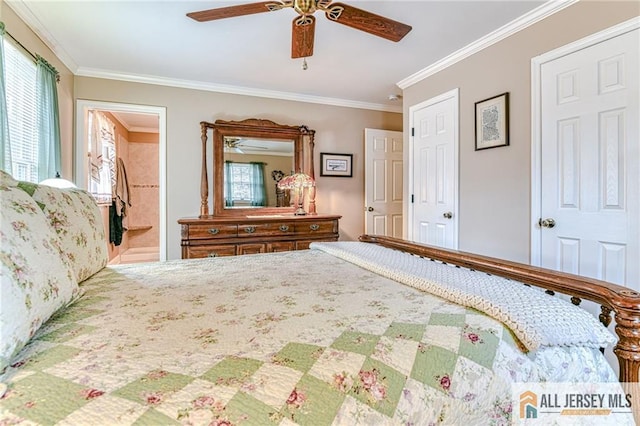 bedroom with crown molding, ensuite bathroom, and ceiling fan