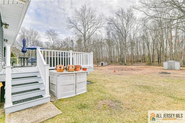 view of yard with a deck, a storage shed, and an outdoor structure