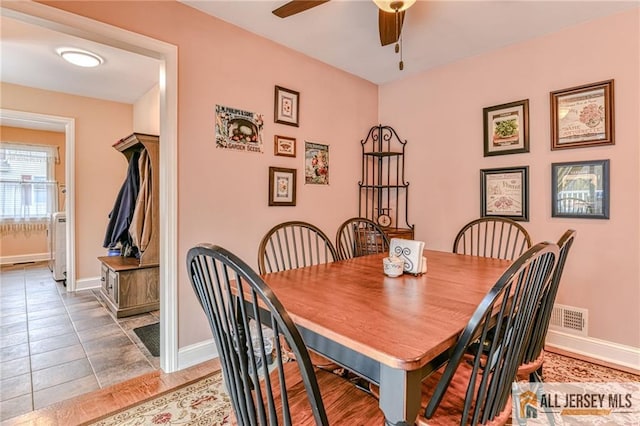 dining space featuring visible vents, a ceiling fan, and baseboards