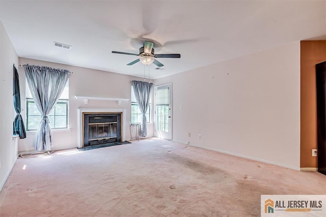331 Cozzens Ct Unit 331, East Brunswick, NJ 08816 - unfurnished living room with carpet, a ceiling fan, and a fireplace with flush hearth