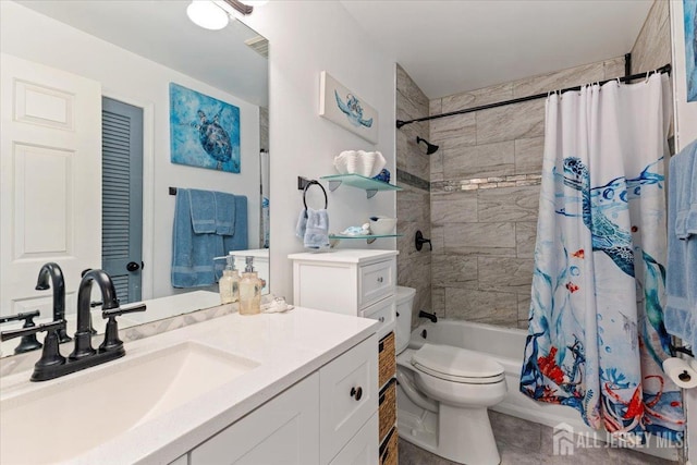 full bath featuring vanity, tile patterned floors, toilet, and shower / bathtub combination with curtain