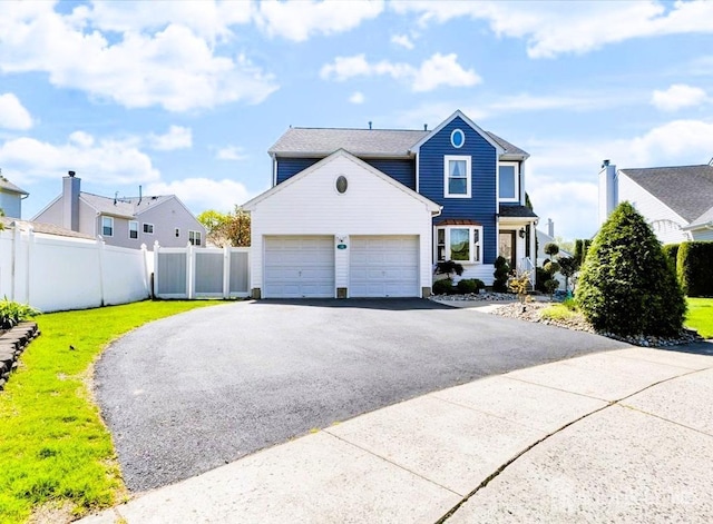 traditional home featuring an attached garage, fence, and aphalt driveway
