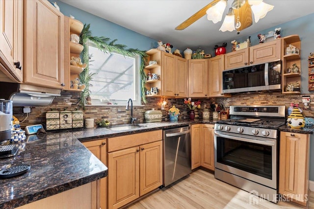 kitchen with open shelves, light wood-type flooring, tasteful backsplash, a sink, and appliances with stainless steel finishes