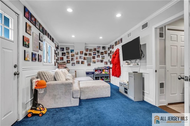 10 Buttonwood Dr, Old Bridge, NJ 08857 - carpeted living room with ornamental molding, recessed lighting, and a decorative wall